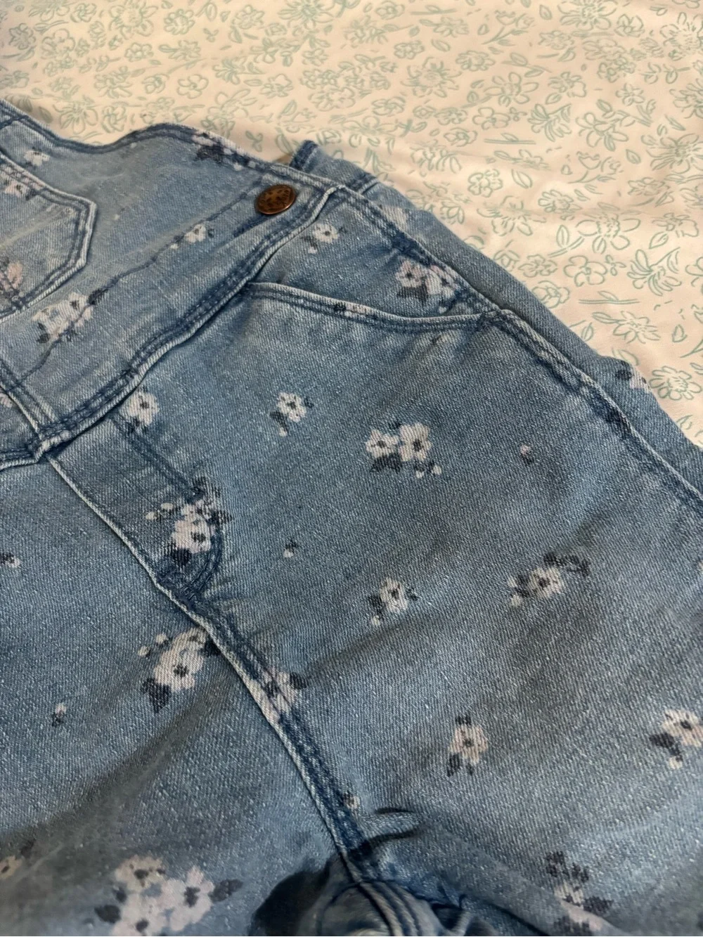 OshKosh B'gosh Light Blue Denim Overalls with Subtle Pink Floral Print